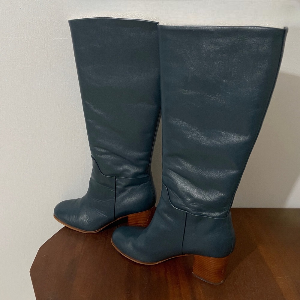 Boden Olivia Teal Leather Heeled Boots 38 Slip On Calf Boot - Picture 7 of 13